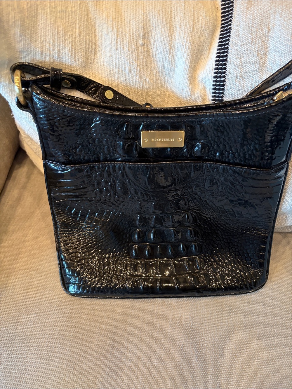 Brahmin Black Croc-Embossed Shoulder Bag with Gold Plaque